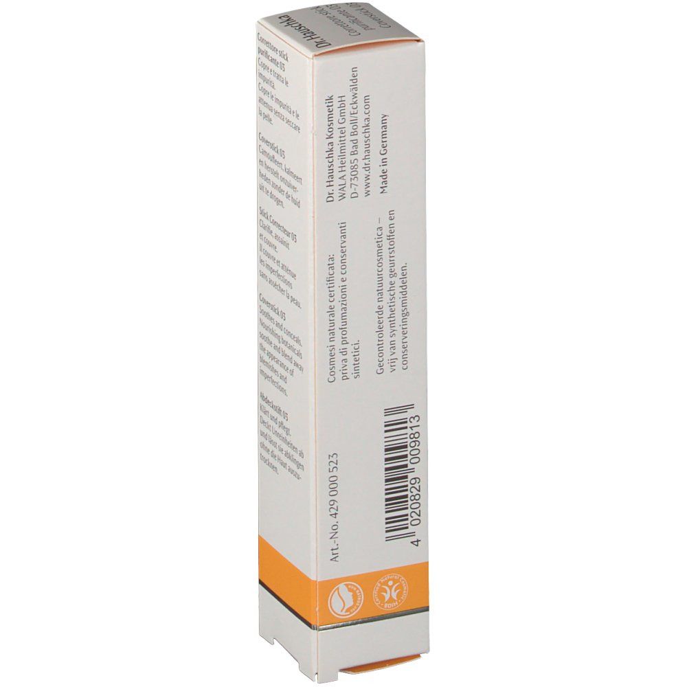 Côté de l'emballage du Coverstick 03 Dr. Hauschka. Texte: Art.-Nr. 420 000 523, 4 020629 009813.