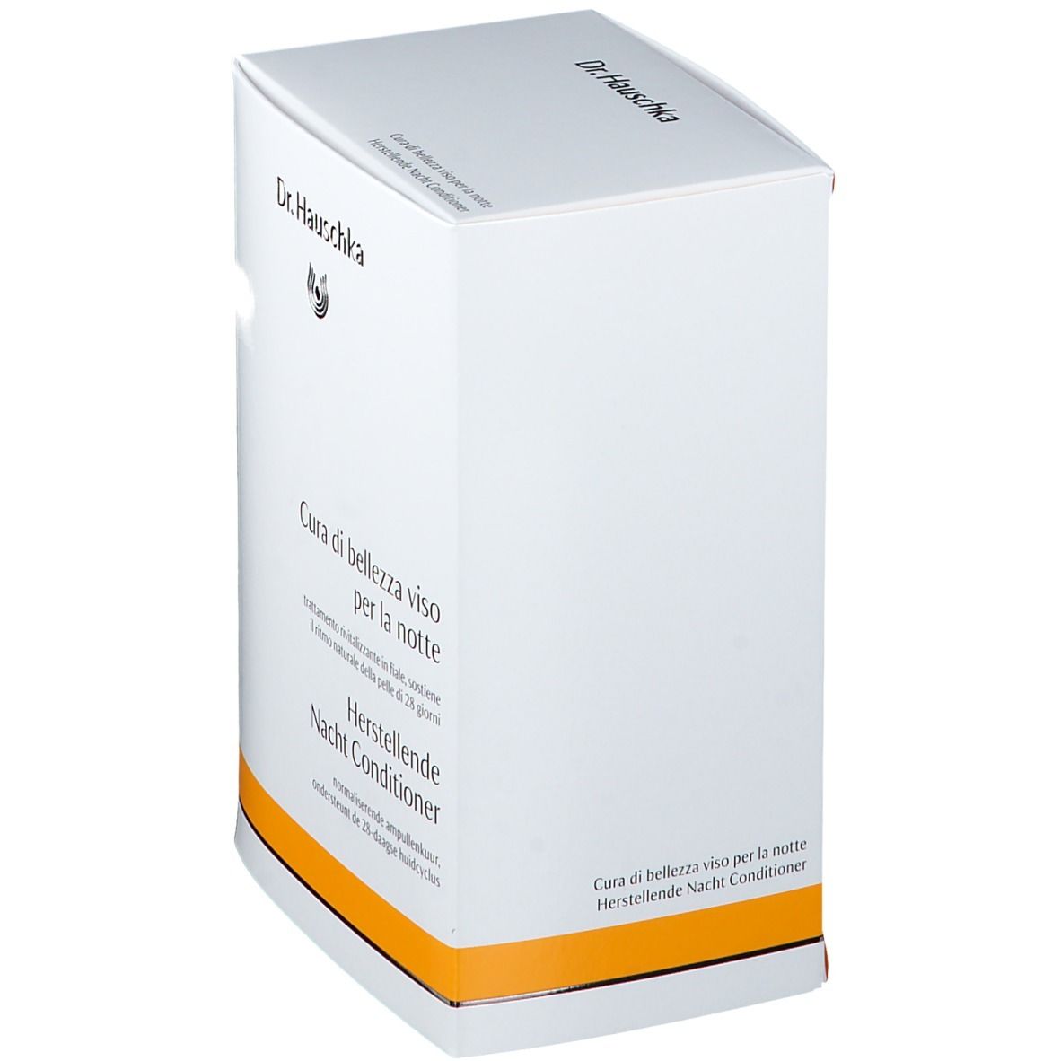 Boîte blanche avec nom du produit et logo. Texte en allemand, italien et néerlandais. Accent orange.
