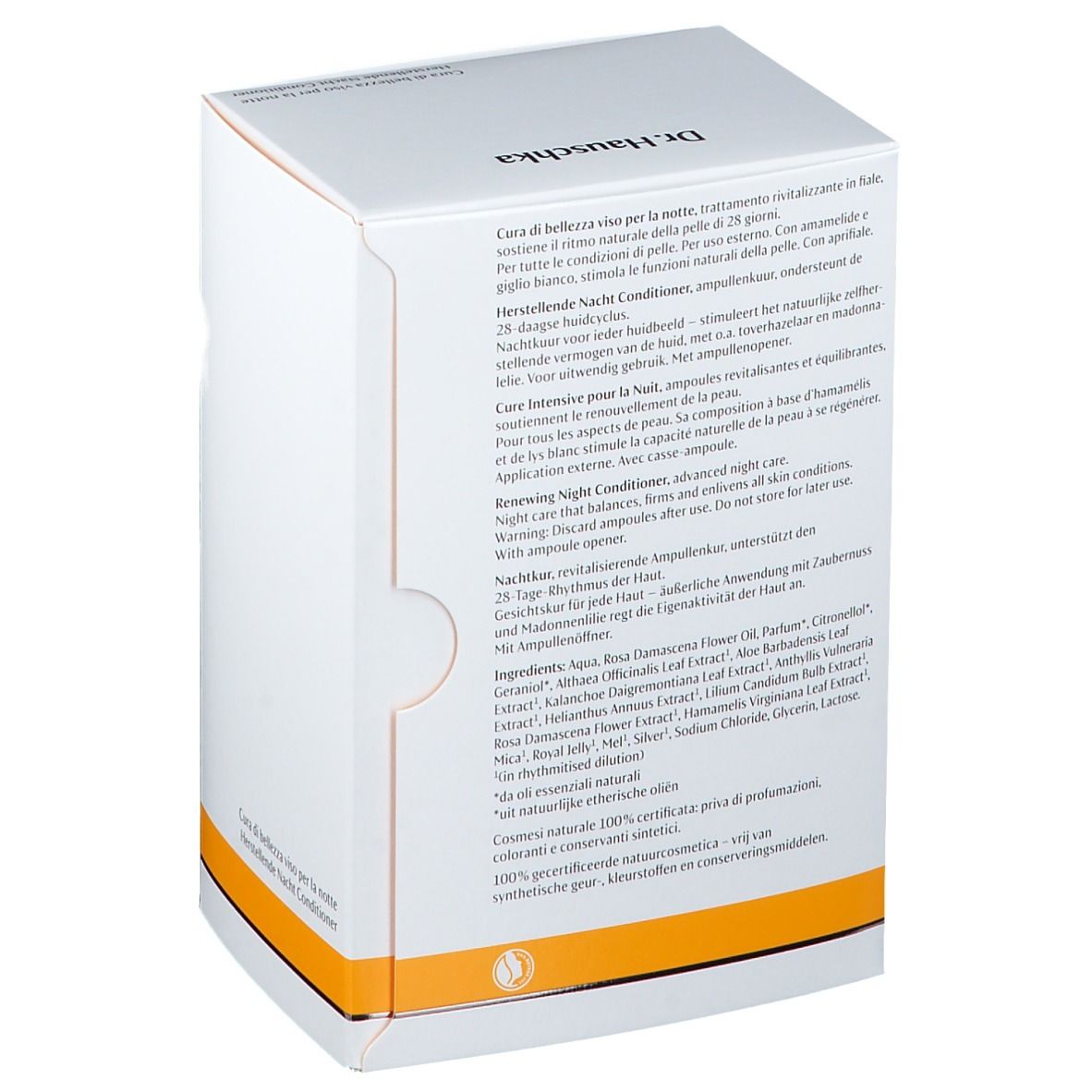 Boîte blanche avec nom du produit et logo. Texte en allemand, italien et néerlandais. Accent orange. Liste des ingrédients.