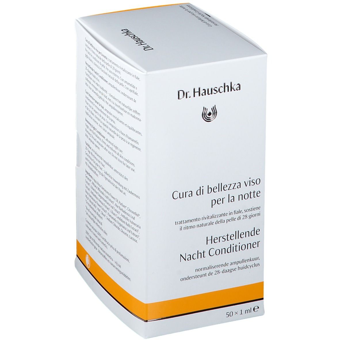 Boîte blanche avec nom du produit et logo. Texte en allemand, italien et néerlandais. Accent orange. 50x1ml.