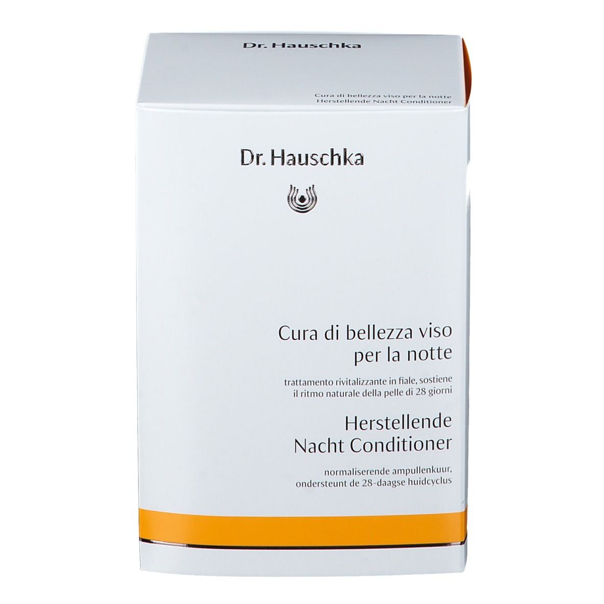 Boîte blanche avec nom du produit et logo. Texte en allemand, italien et néerlandais. Accent orange.