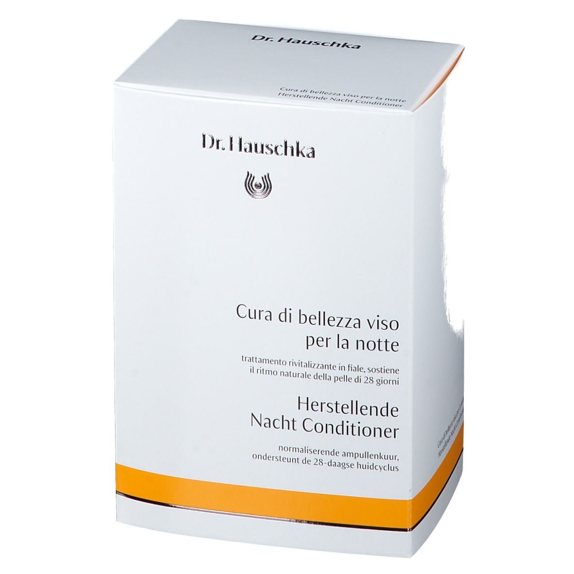 Boîte blanche avec nom du produit et logo. Texte en allemand, italien et néerlandais. Accent orange.