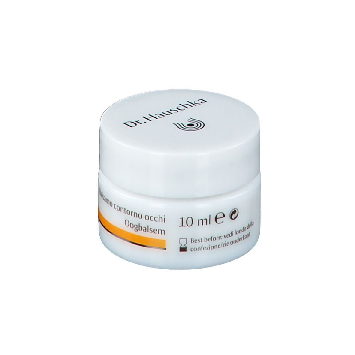 Weißes Tiegel mit Deckel. Aufschrift: Dr. Hauschka, Baume Contour des Yeux, Augenbalsam, Balsamo contorno occhi, 10 ml.