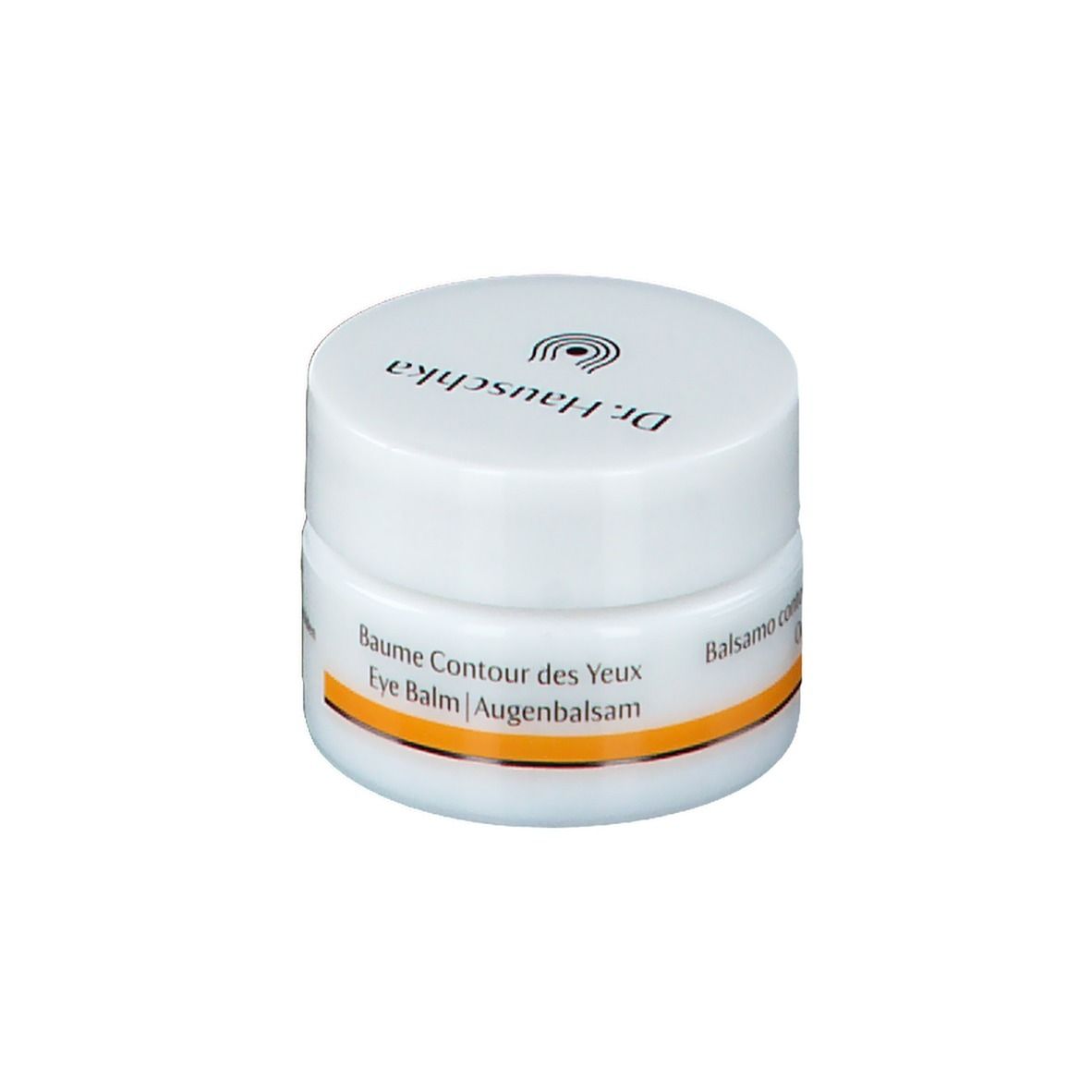 Weißes Tiegel mit Deckel. Aufschrift: Dr. Hauschka, Baume Contour des Yeux, Augenbalsam, Balsamo contorno occhi.