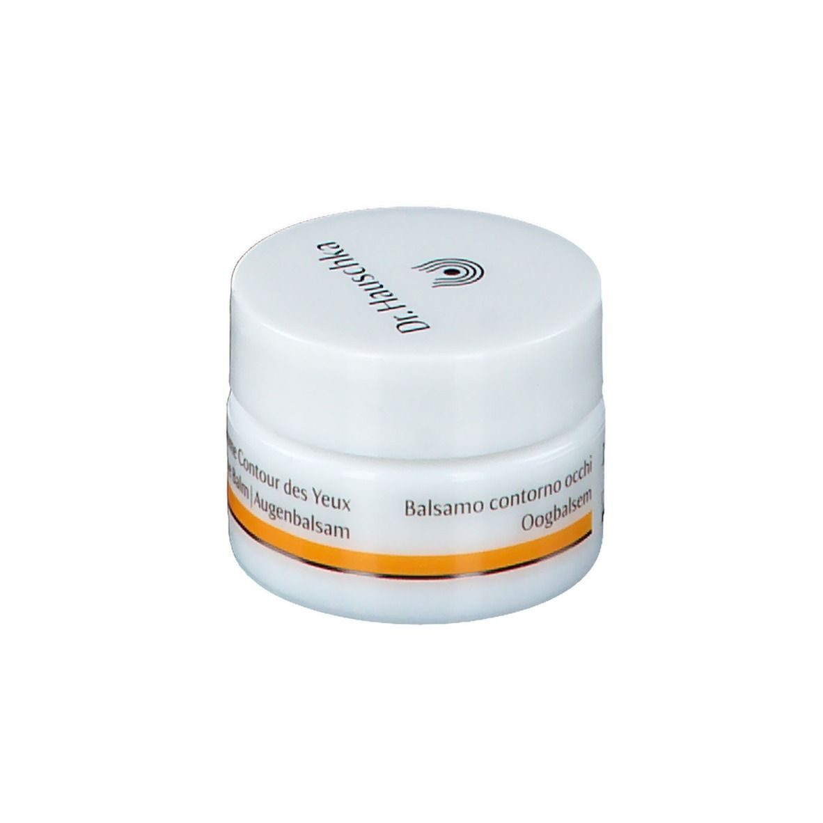 Weißes Tiegel mit Deckel. Aufschrift: Dr. Hauschka, Baume Contour des Yeux, Augenbalsam, Balsamo contorno occhi.