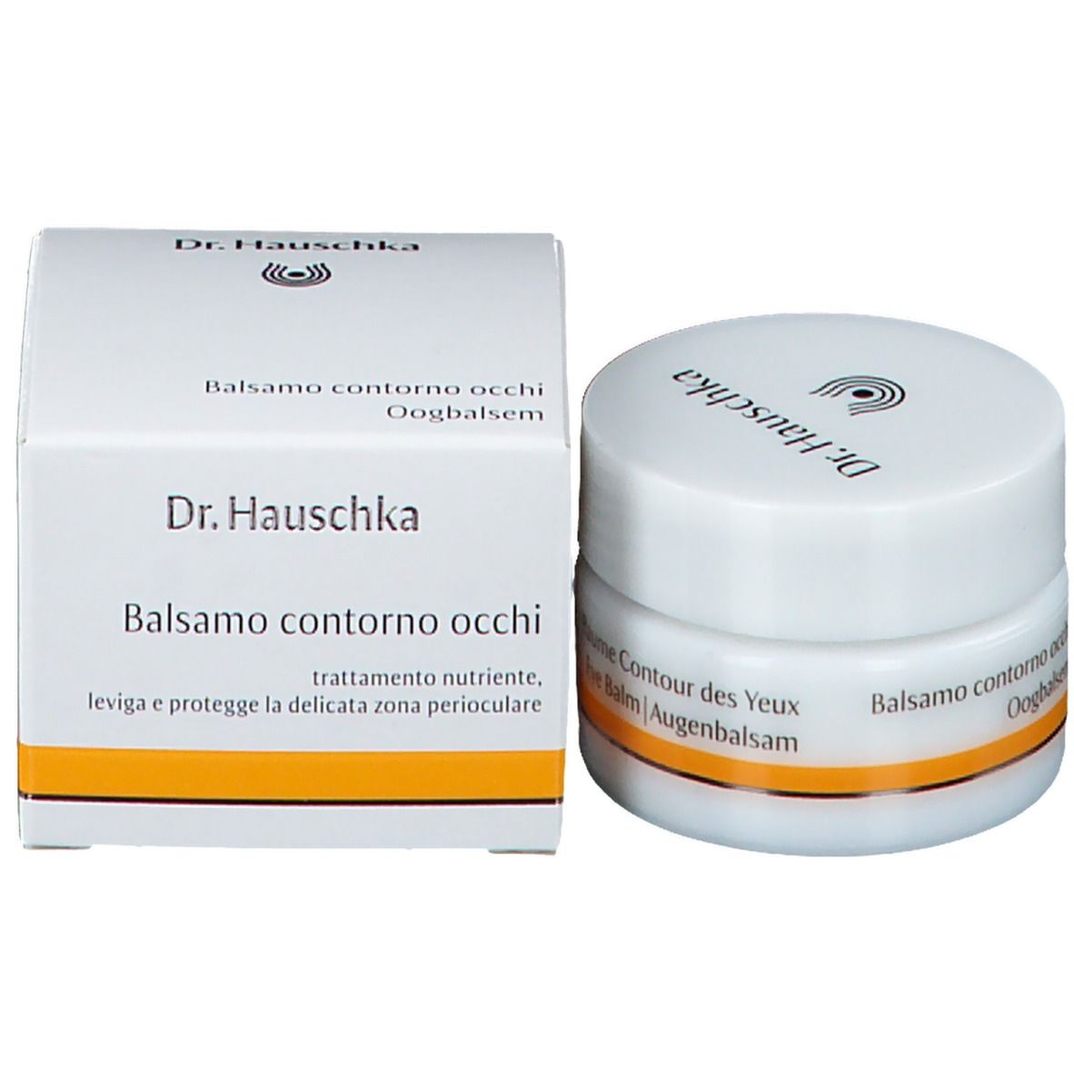 Weißer Karton und Tiegel. Aufschrift: Dr. Hauschka, Balsamo contorno occhi, Oogbalsem. Produktname, Text.