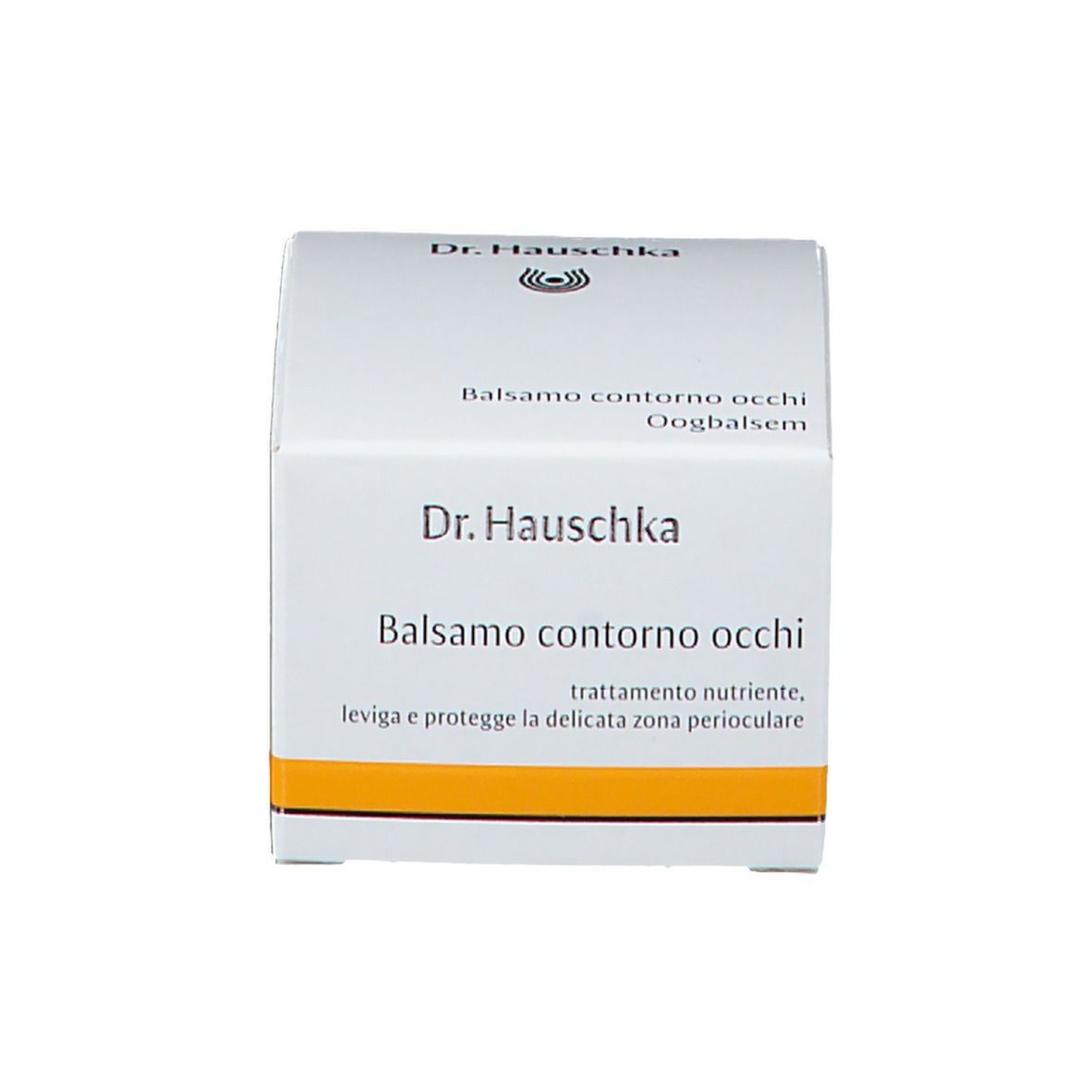 Weißer Karton. Aufschrift: Dr. Hauschka, Balsamo contorno occhi, Oogbalsem. Produktname, Text.