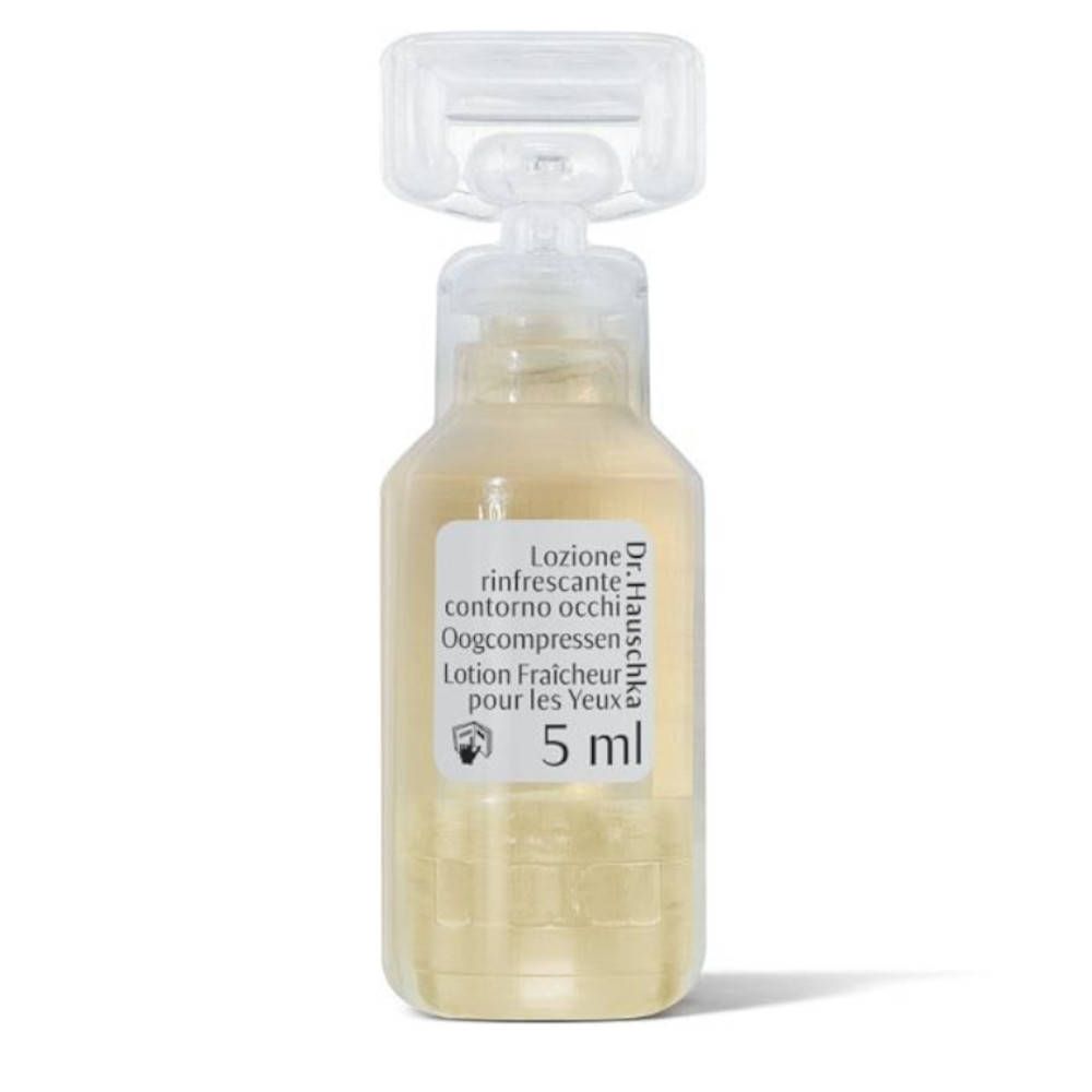 Transparante flacon met geelachtige vloeistof. Opschrift: Lotion Fraicheur pour les Yeux, 5 ml. Transparante dop.