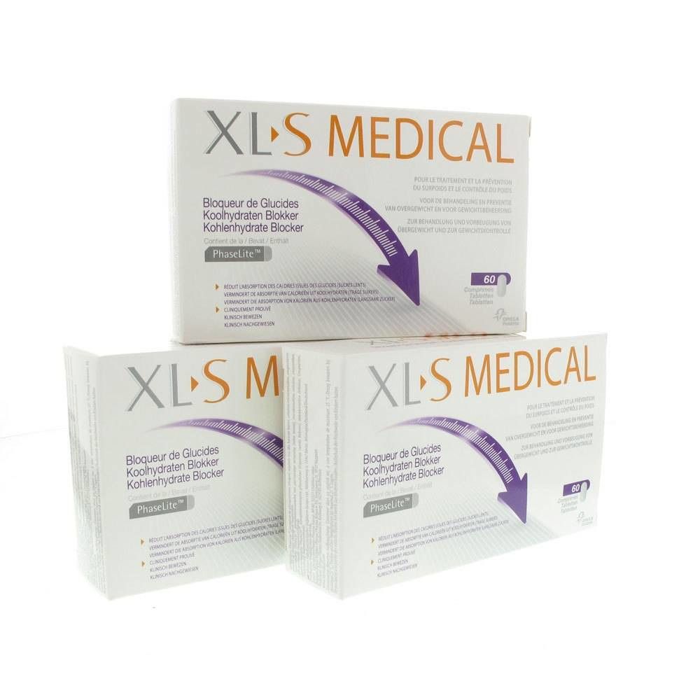 Drei weiße Kartons mit der Aufschrift XLS MEDICAL. Aufdrucke in mehreren Sprachen, darunter „Bloqueur de Glucides“ und „Kohlenhydrate Blocker“.