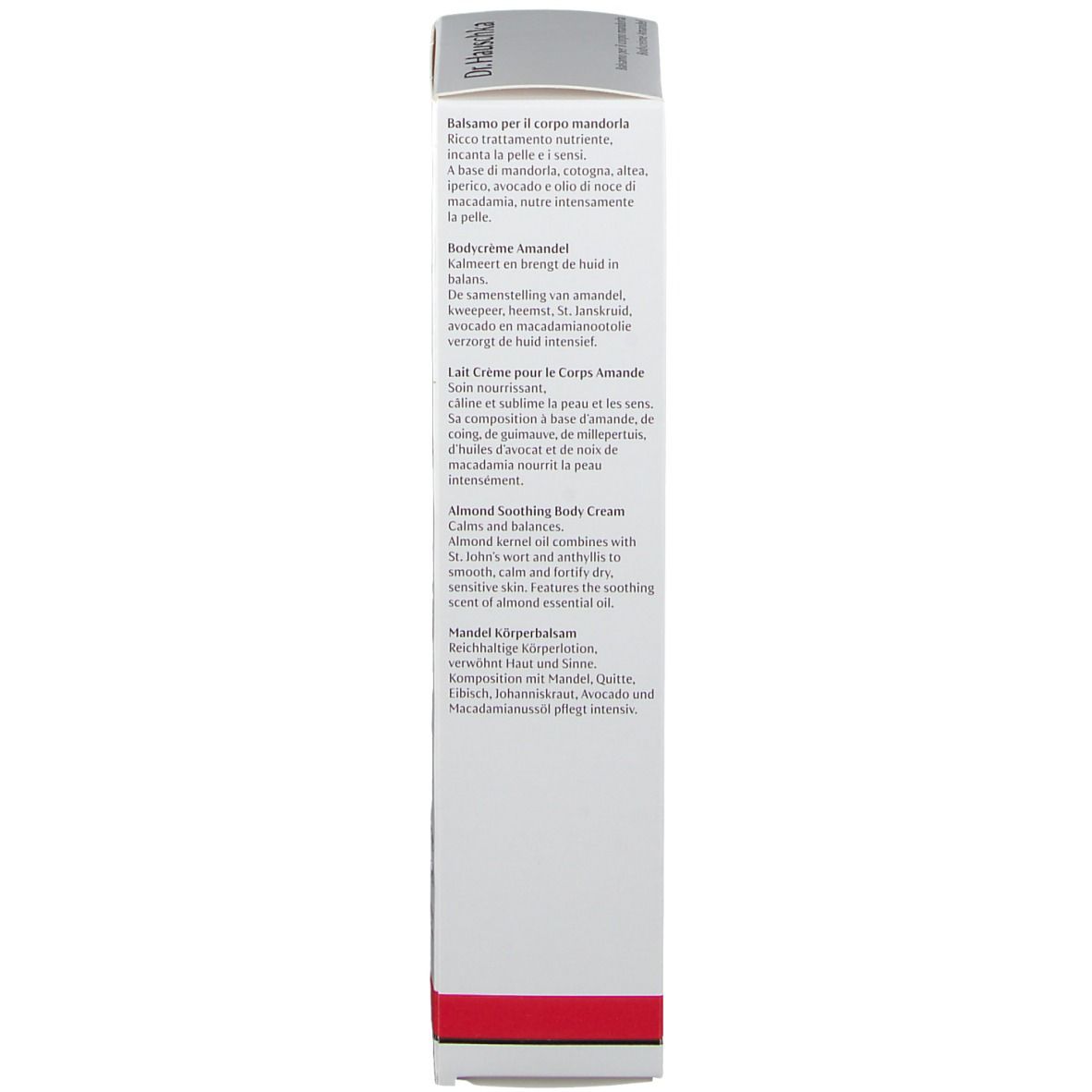 Rückseite der Schachtel. Text in mehreren Sprachen. Inhaltsstoffe und Produktinformationen.