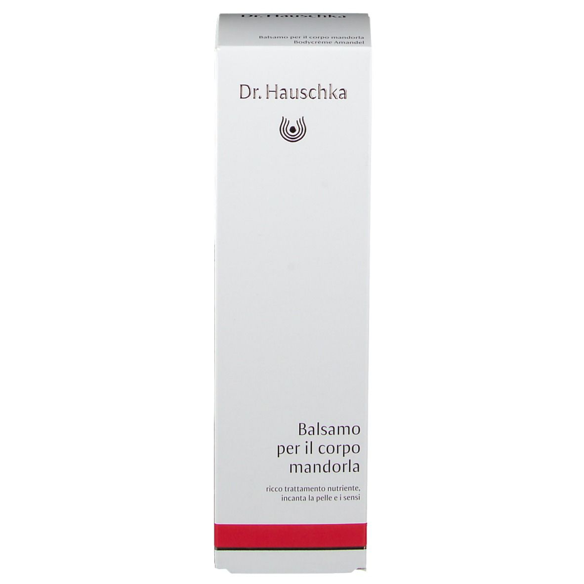 Schachtel, weiß mit rotem Streifen. Aufschrift: Dr. Hauschka, Bodycrème Mandel. Produktname.
