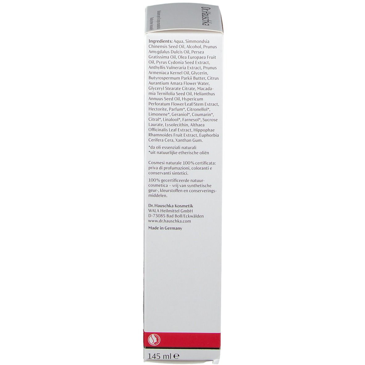 Rückseite der Schachtel. Inhaltsstoffe und Herstellerinformationen. Aufschrift: 145 ml e.