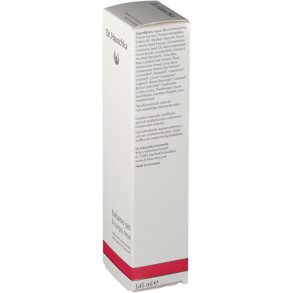 Witte verpakking met ingrediënten en tekst. Opschrift: Dr. Hauschka. Made in Germany. 145 ml.