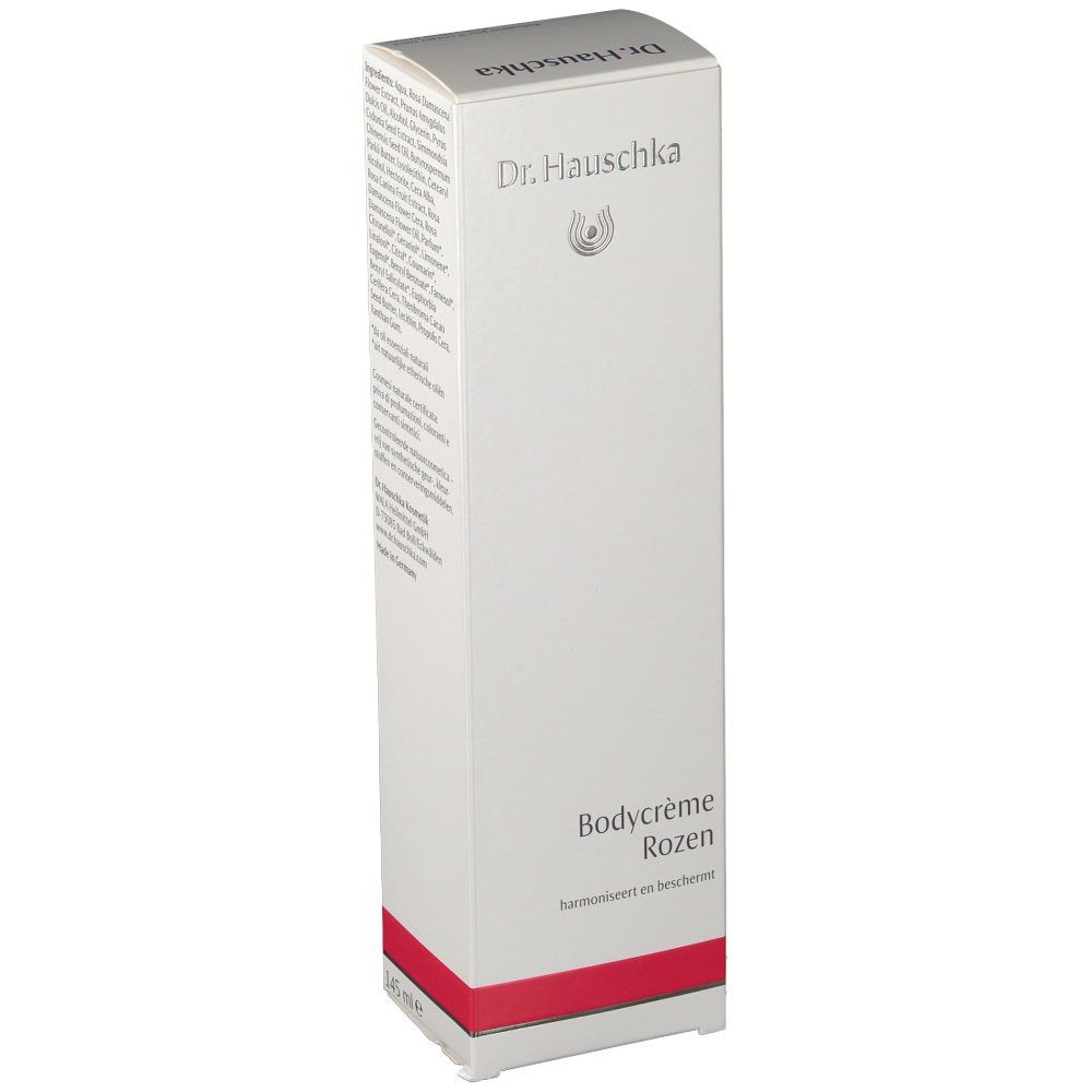Witte verpakking met Dr. Hauschka logo en tekst. Opschrift: Bodycrème Rozen.