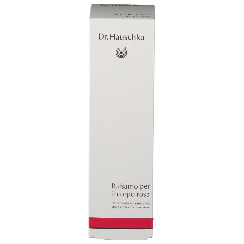 Witte verpakking met Dr. Hauschka logo en tekst. Opschrift: Balsamo per il corpo rosa.