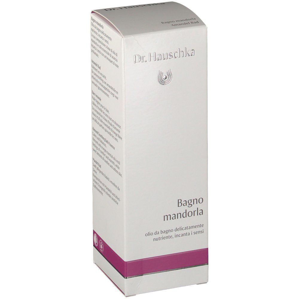 Witte verpakking met productnaam "Bain mandorla" en logo. Paarse accentkleur. Tekst in het Italiaans.