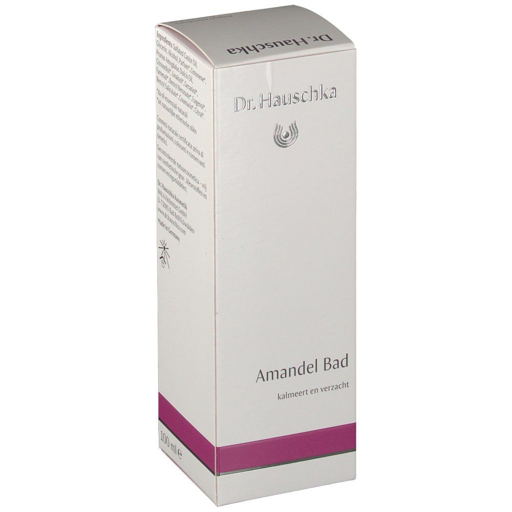 Witte verpakking met productnaam "Amandel Bad" en logo. Tekst in het Nederlands. "100 ml e" op de zijkant.