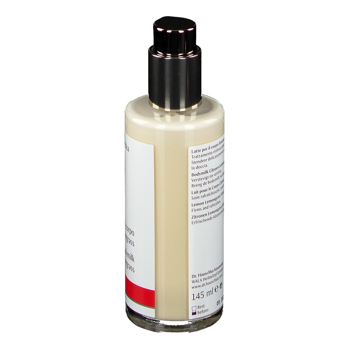 Achterkant van de fles. Etiket met productinfo en merk. Beige vloeistof zichtbaar.