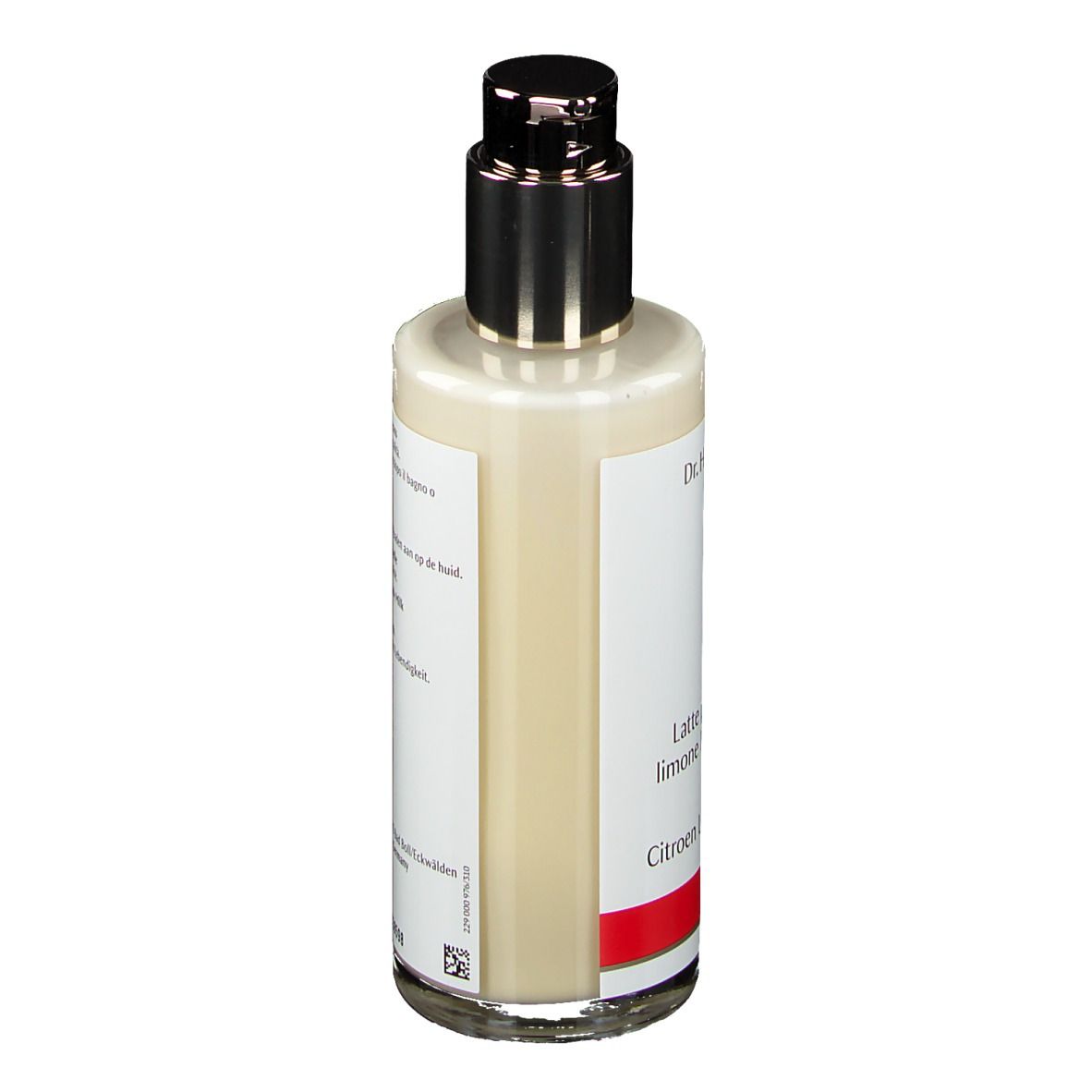 Zijaanzicht van de fles. Etiket met productinfo en merk. Beige vloeistof zichtbaar.