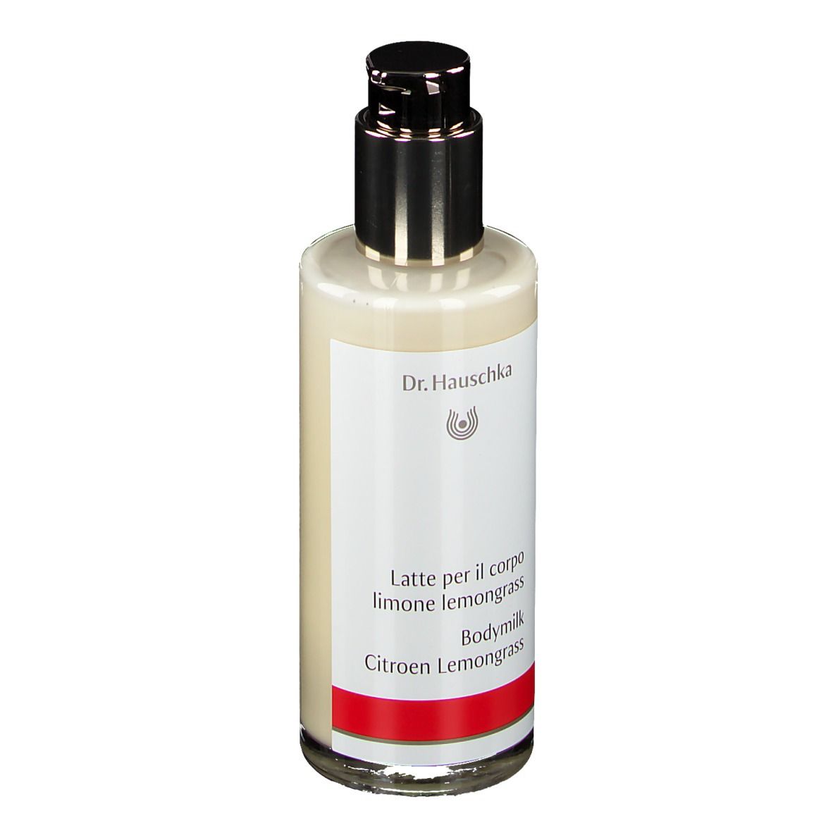 Beige fles met zwarte pomp. Etiket met productnaam en merk. Rode streep onderaan.