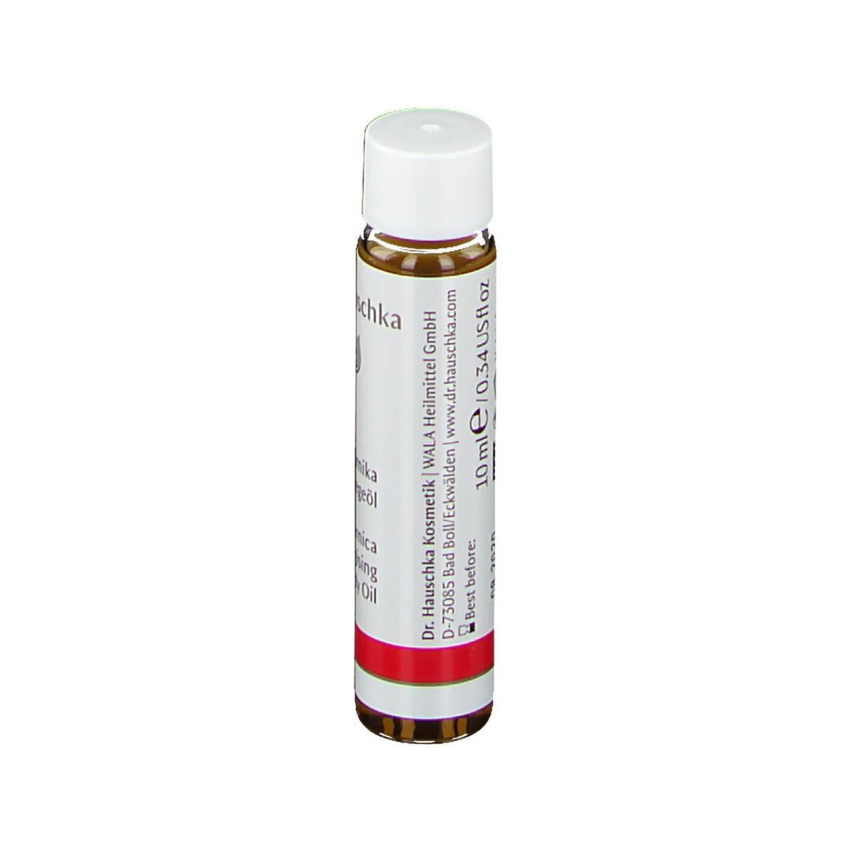 Achterkant van de fles. Opschrift: 10 ml, 0.34 US fl oz, Dr. Hauschka Kosmetik, Made in Germany, houdbaarheidsdatum.