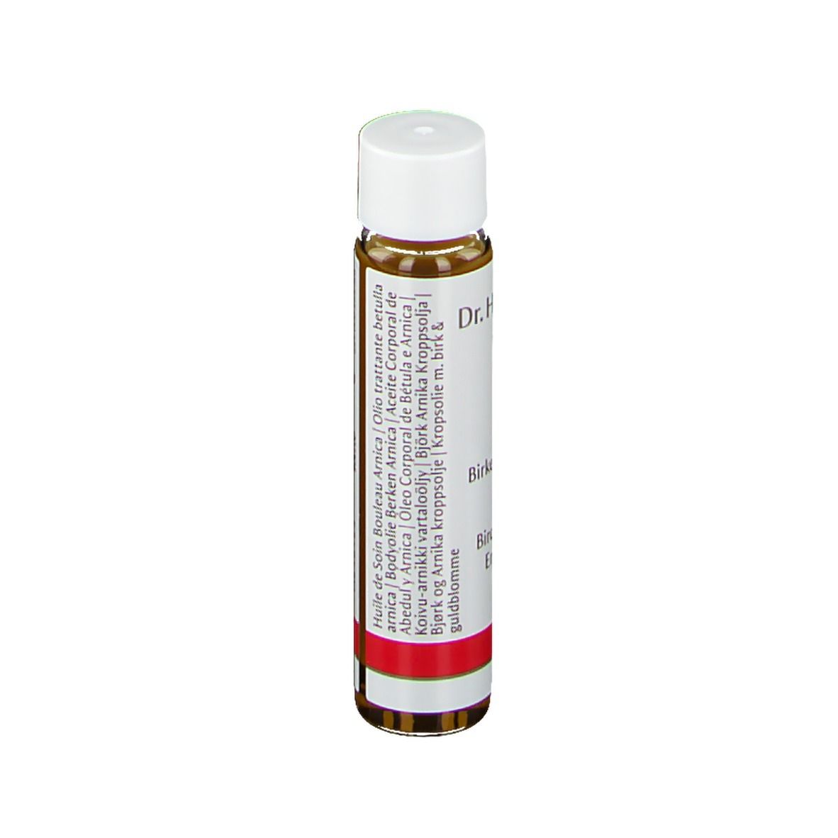 Achterkant van de fles. Opschrift: ingrediënten, 10 ml, 0.34 US fl oz, batchnummer, houdbaarheidsdatum.