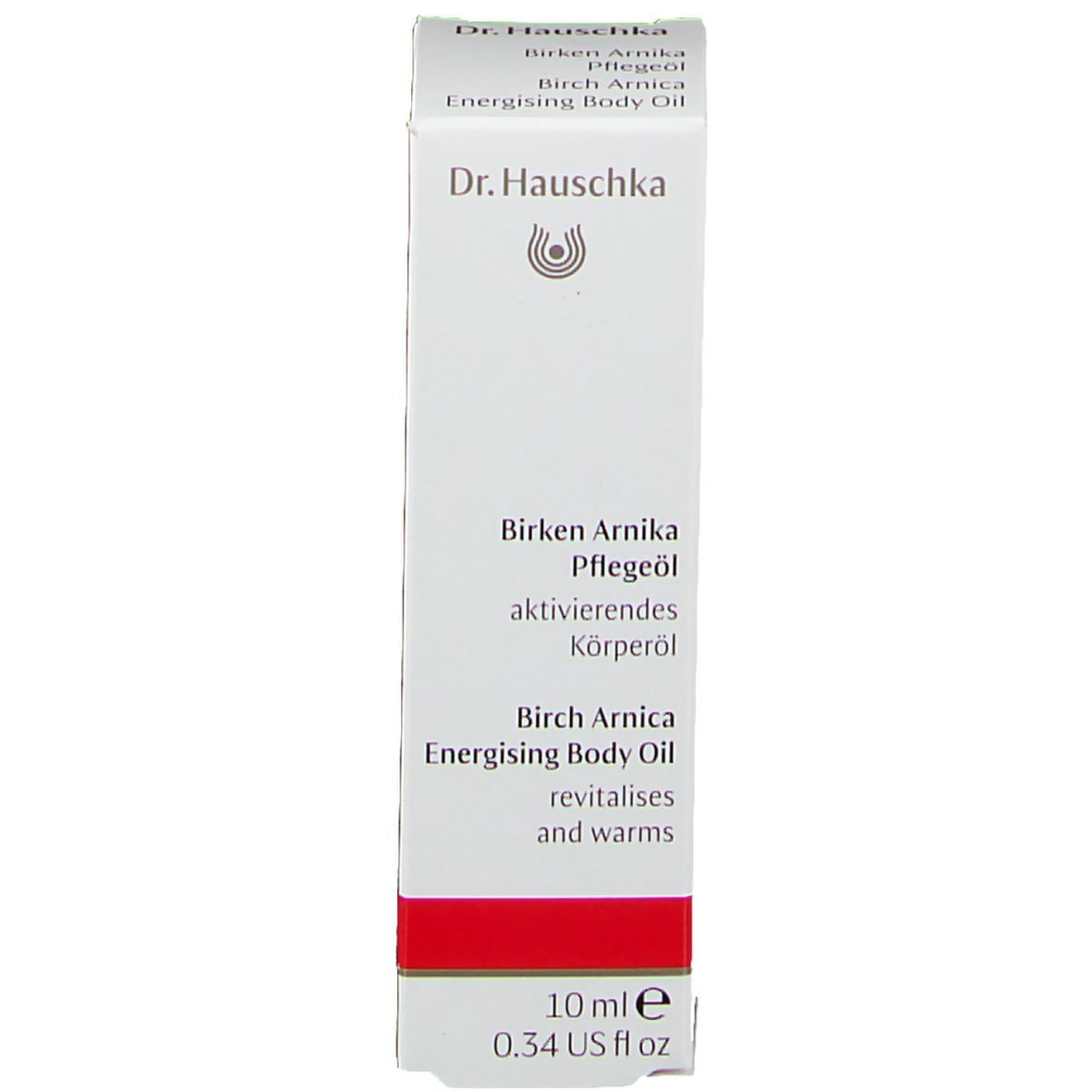 Productverpakking. Wit, opschrift: Dr. Hauschka, Birken Arnika Pflegeöl, 10 ml, 0.34 US fl oz.