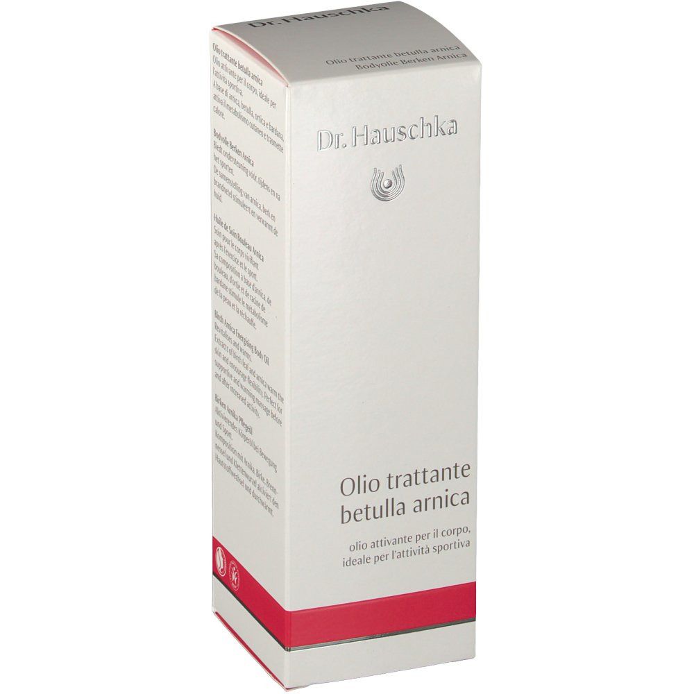 Weißer Karton mit rotem Streifen. Aufschrift: Olio trattante betulla arnica. Logo Dr. Hauschka.
