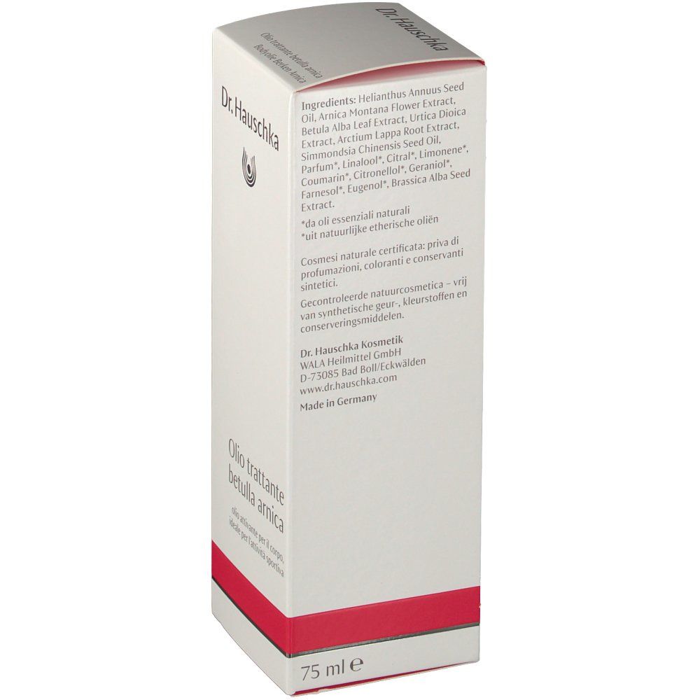 Rückseite der weißen Verpackung. Aufschrift: Inhaltsstoffe, 75 ml. Logo Dr. Hauschka.