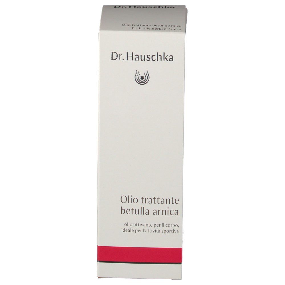 Weißer Karton mit rotem Streifen. Aufschrift: Olio trattante betulla arnica. Logo Dr. Hauschka.