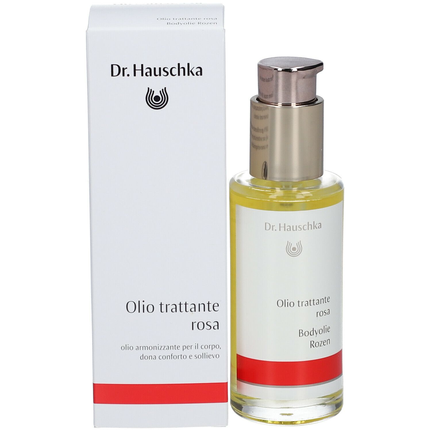 Body-oliefles en verpakking. Verpakking met tekst: Dr. Hauschka, Oilo trattante rosa. Fles met zilveren pomp.
