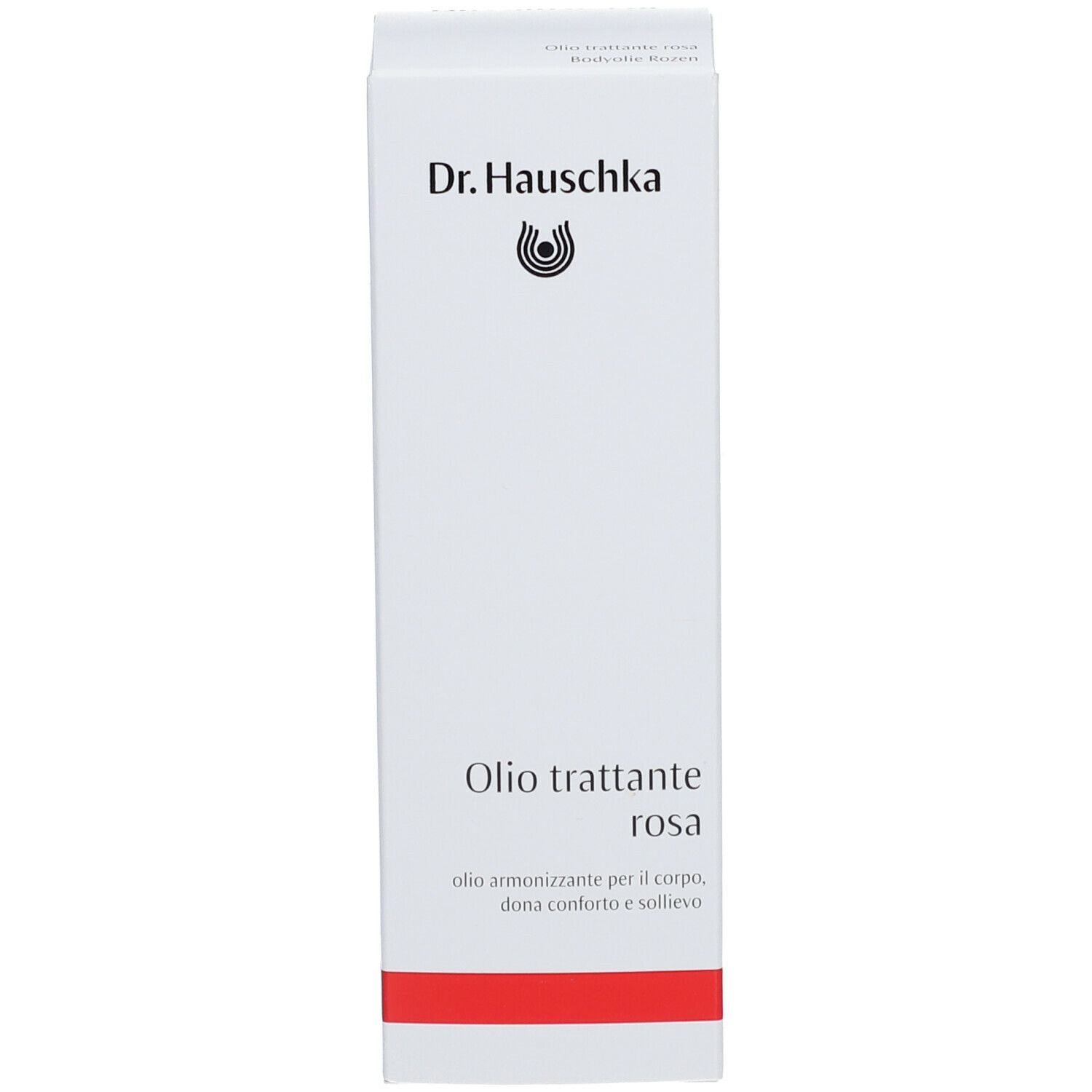 Verpakking met tekst: Dr. Hauschka, Oilo trattante rosa. Rode streep onderaan. Witte achtergrond.
