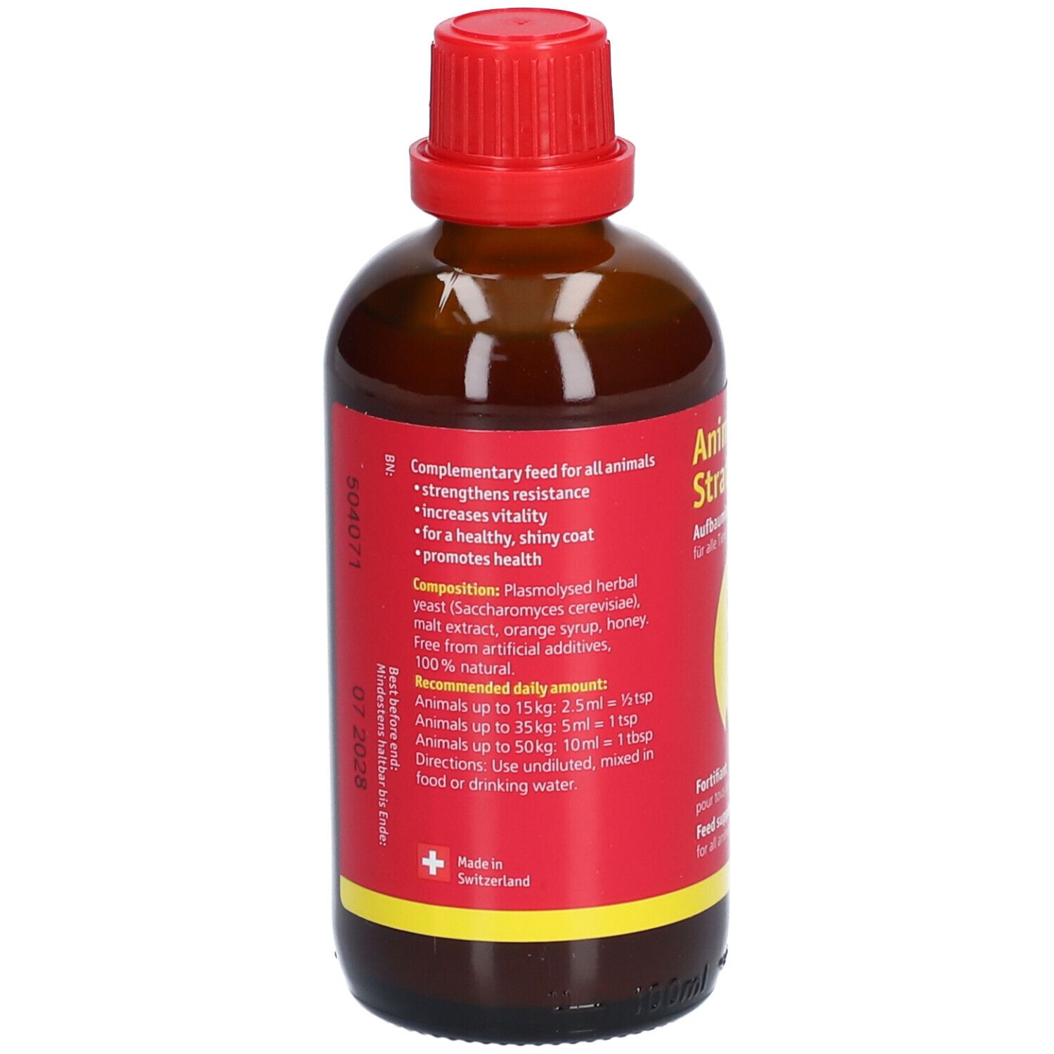 Dos du flacon. Texte avec ingrédients, recommandation de dosage et pays d'origine Suisse.