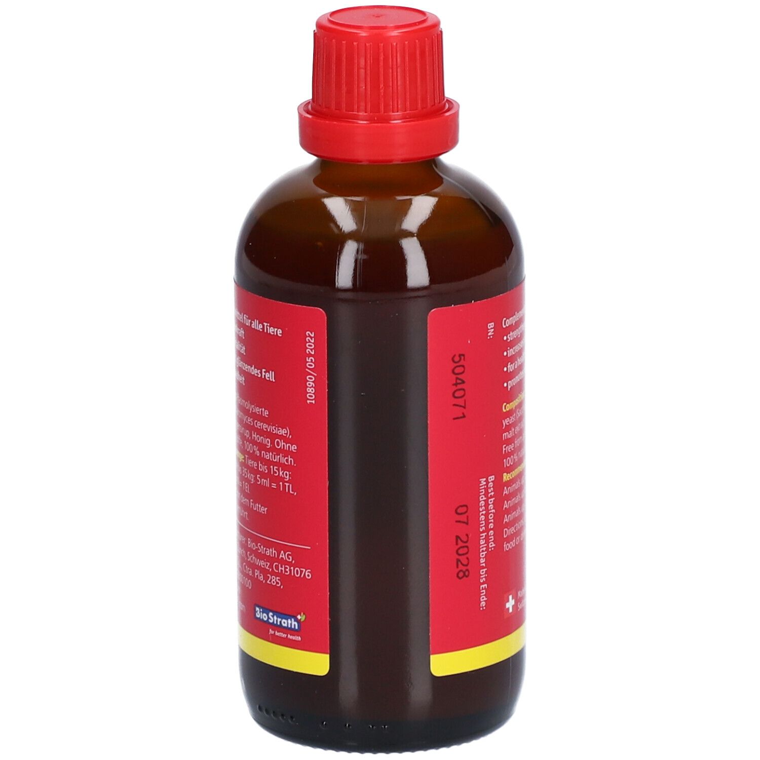 Dos du flacon. Texte avec ingrédients, recommandation de dosage et date de péremption.