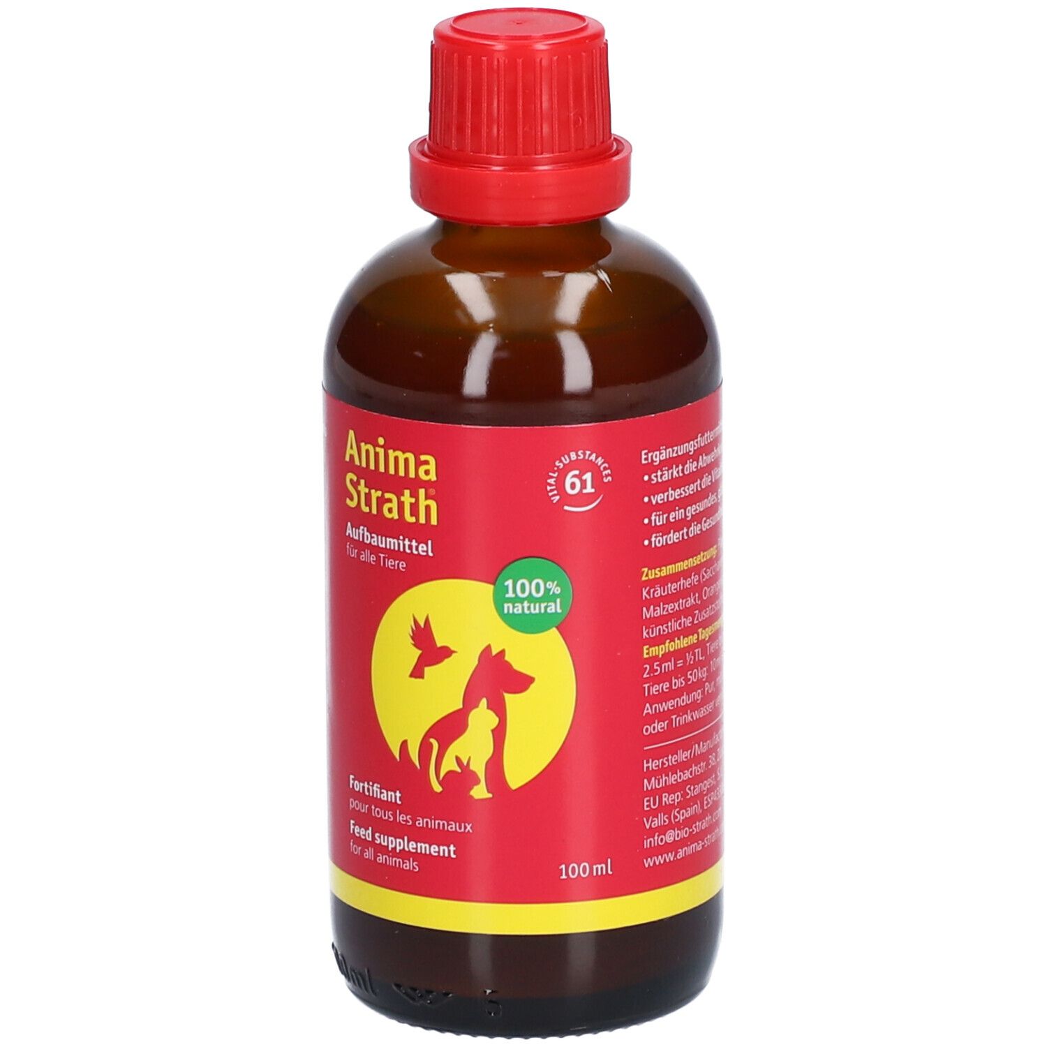 Flacon en verre brun avec bouchon rouge. Étiquette avec nom du produit, logo et texte. 100% naturel.