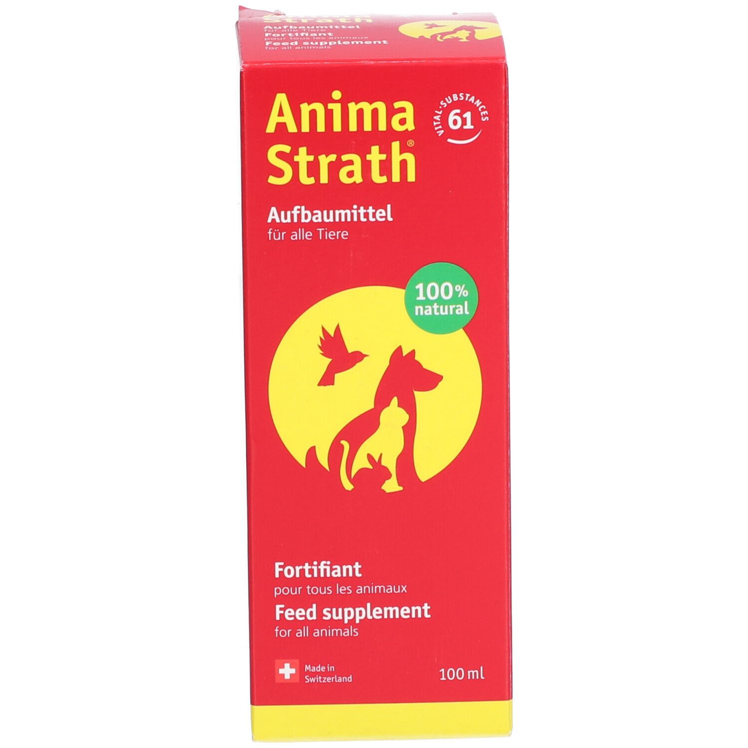 Emballage rouge avec nom du produit, logo et texte. 100% naturel. Flacon à côté.