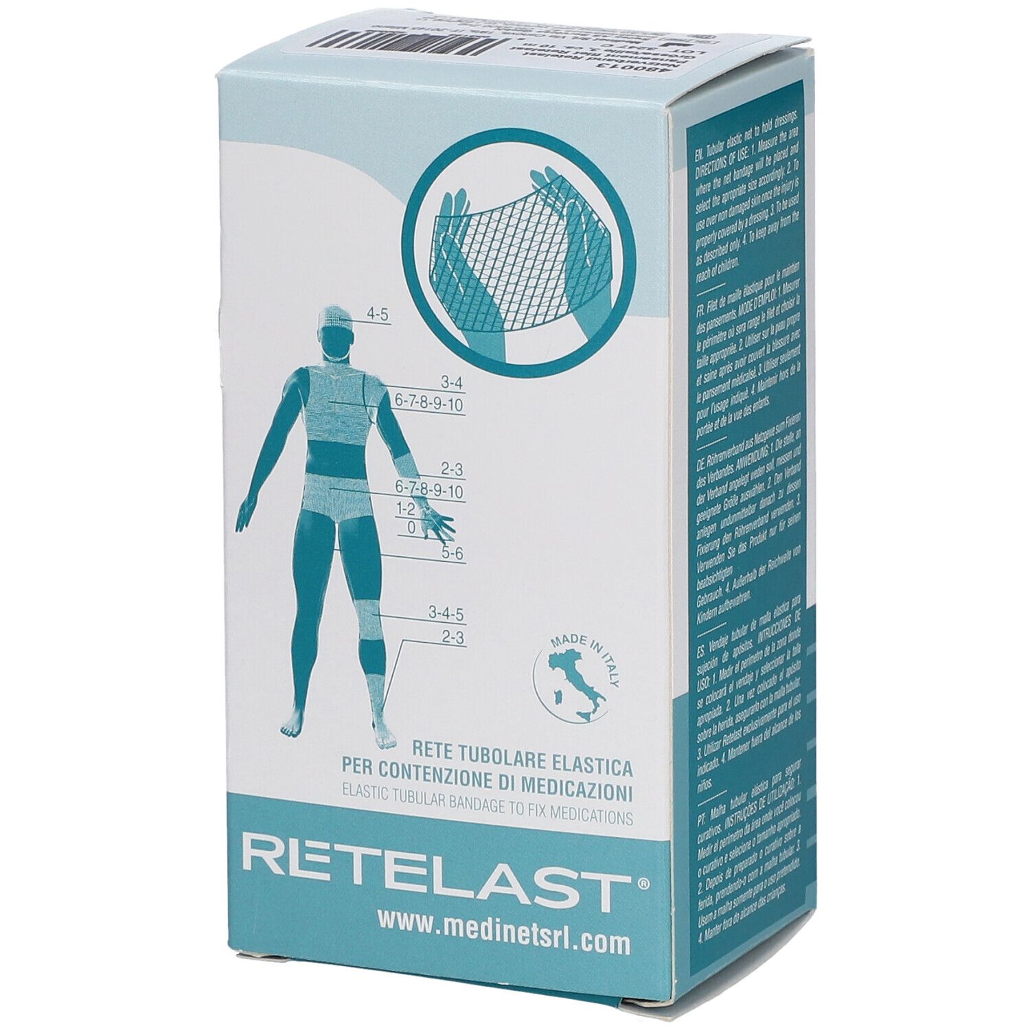 Verbandskasten mit Produktabbildung und Größenangaben. Text: RETELAST, www.medinetsrl.com. Hergestellt in Italien.
