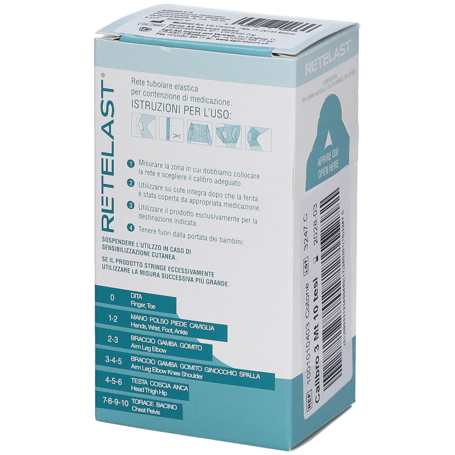 Verpackung mit Gebrauchsanweisung. Text: RETELAST, Anweisungen zur Verwendung, Größenangaben. Chargennummer.
