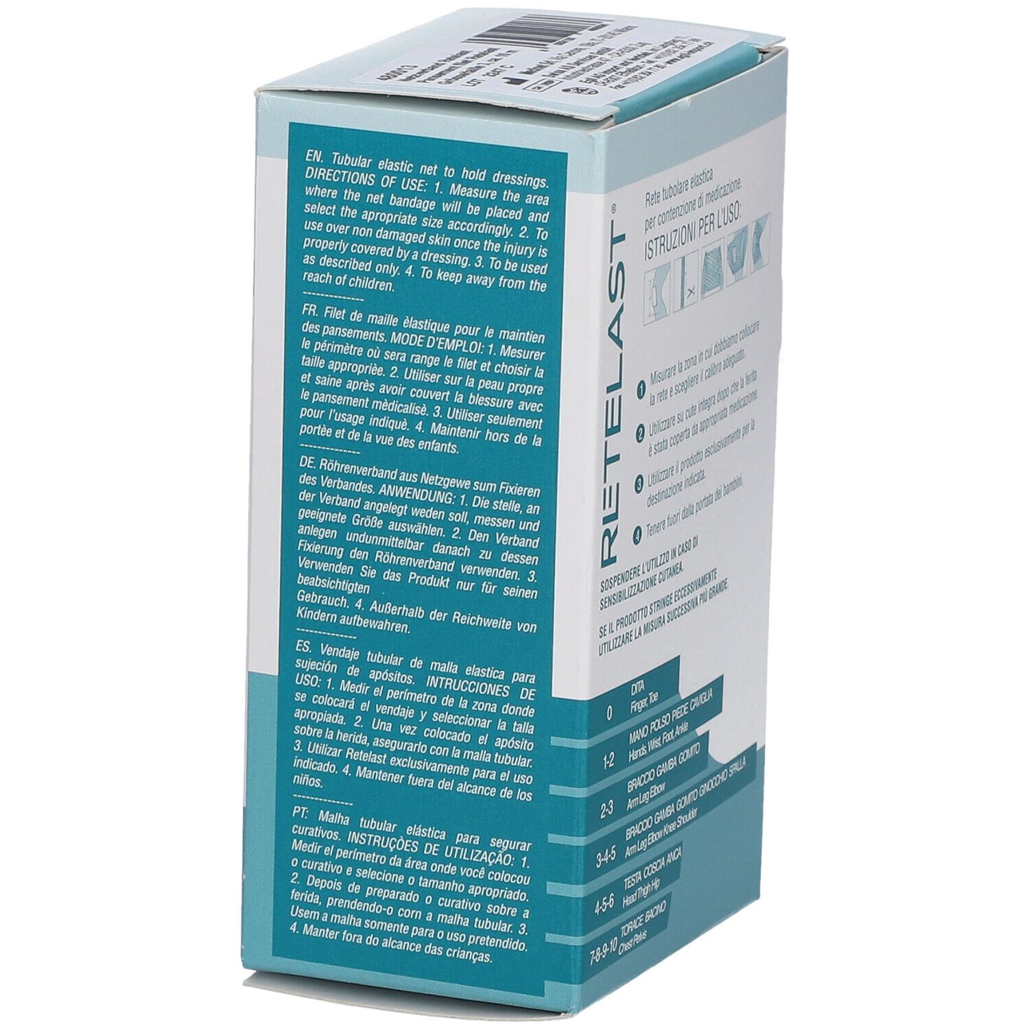 Verpackung mit Gebrauchsanweisung in mehreren Sprachen. Text: RETELAST, Anweisungen zur Verwendung, Größenangaben.