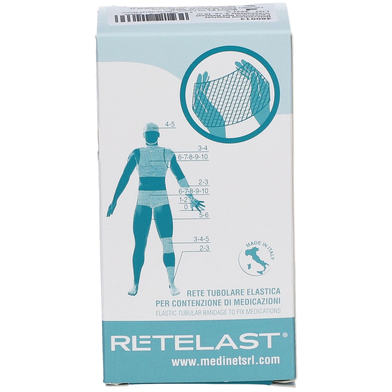 Verpackung mit Produktabbildung und Größenangaben. Text: RETELAST, www.medinetsrl.com. Hergestellt in Italien.