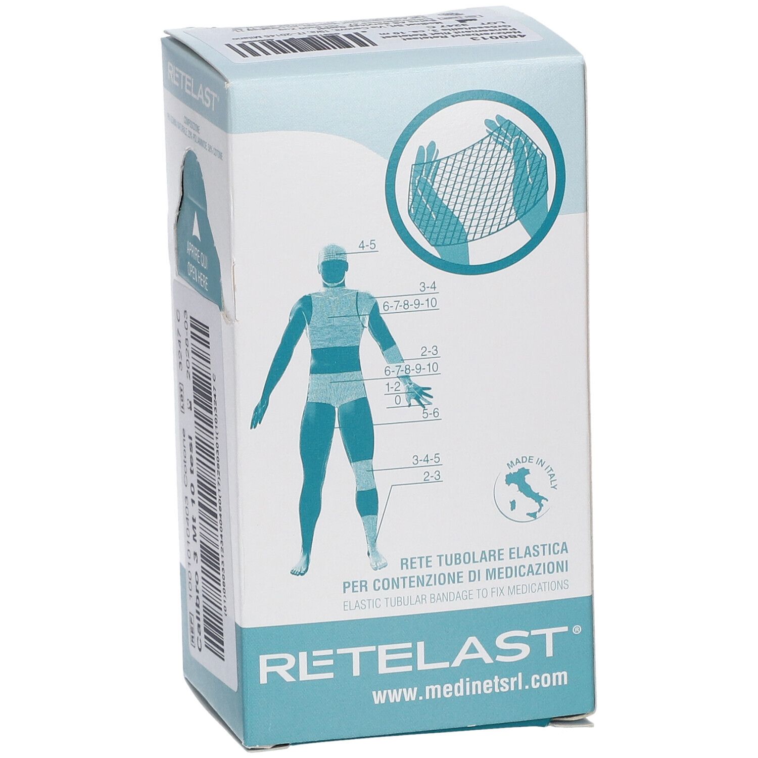 Verpackung mit Produktabbildung und Größenangaben. Text: RETELAST, www.medinetsrl.com. Hergestellt in Italien.