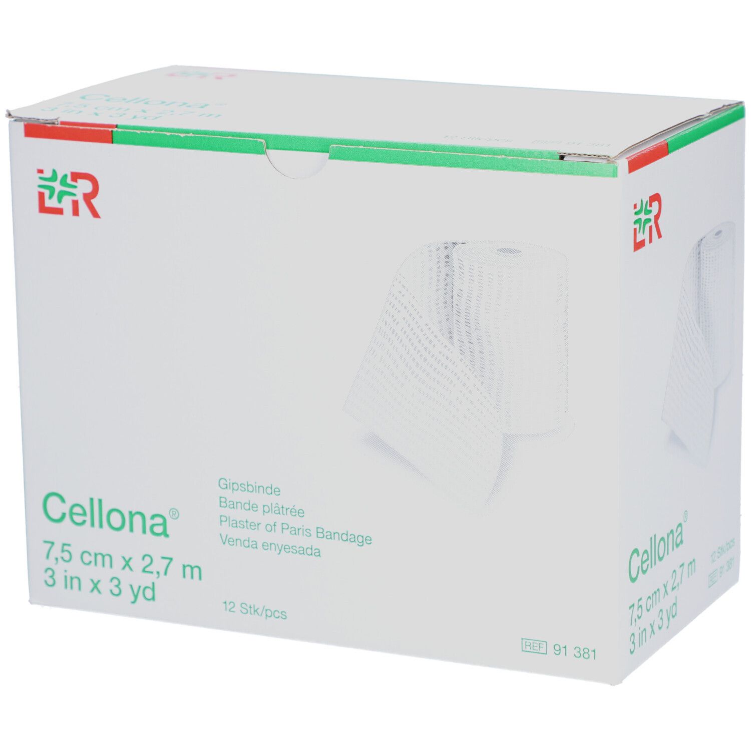 Karton mit Cellona® Gipsbinden. Aufdrucke: 7,5 cm x 2,7 m, 12 Stück. L&R Logo. Produktabbildung.