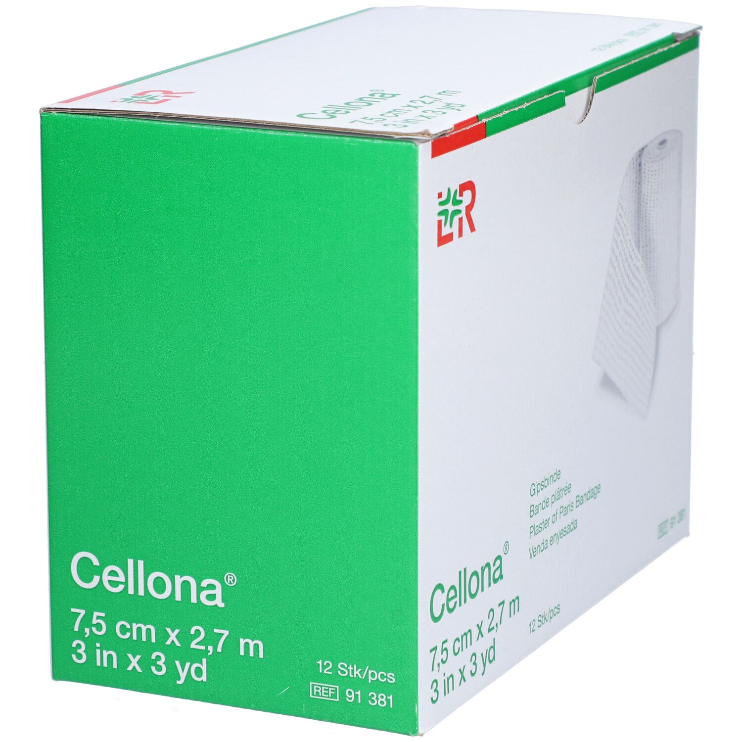 Karton mit Cellona® Gipsbinden. Grüne Fläche. Aufdrucke: 7,5 cm x 2,7 m, 12 Stück. L&R Logo. Produktabbildung.
