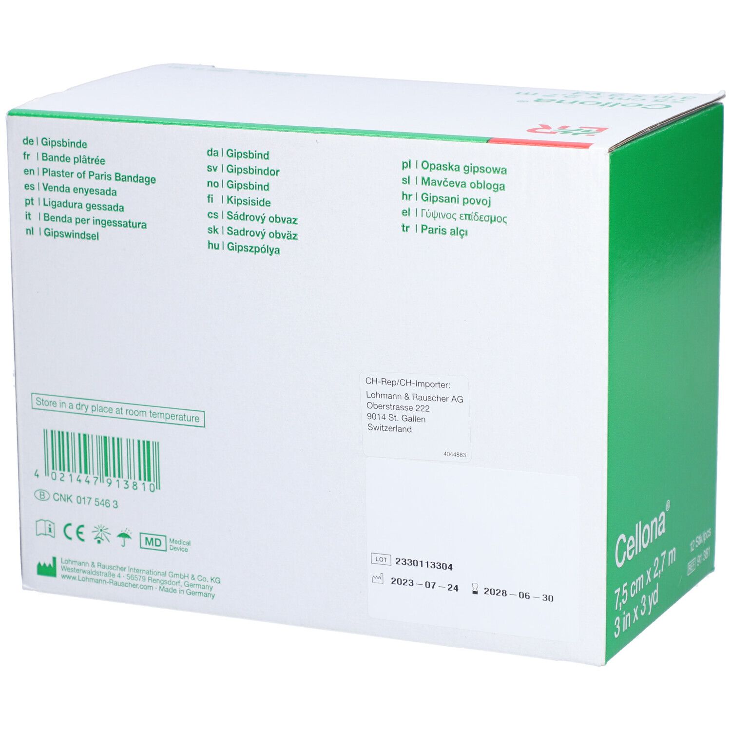 Rückseite des Kartons mit Cellona® Gipsbinden. Mehrsprachige Produktinformationen. Herstellerinformationen. Haltbarkeitsdatum.