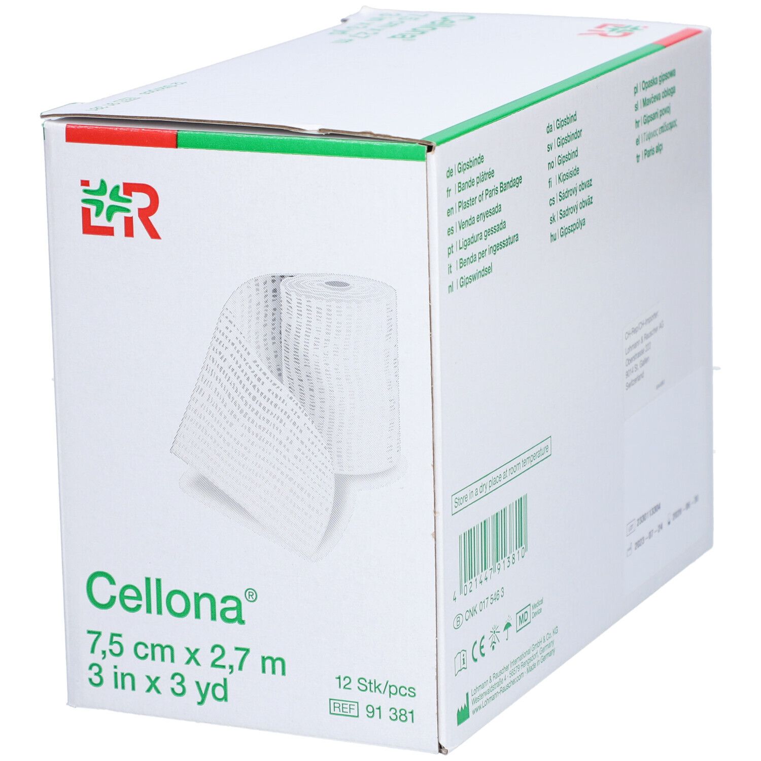 Karton mit Cellona® Gipsbinden. Aufdrucke: 7,5 cm x 2,7 m, 12 Stück. L&R Logo. Produktabbildung mit gerollter Binde.