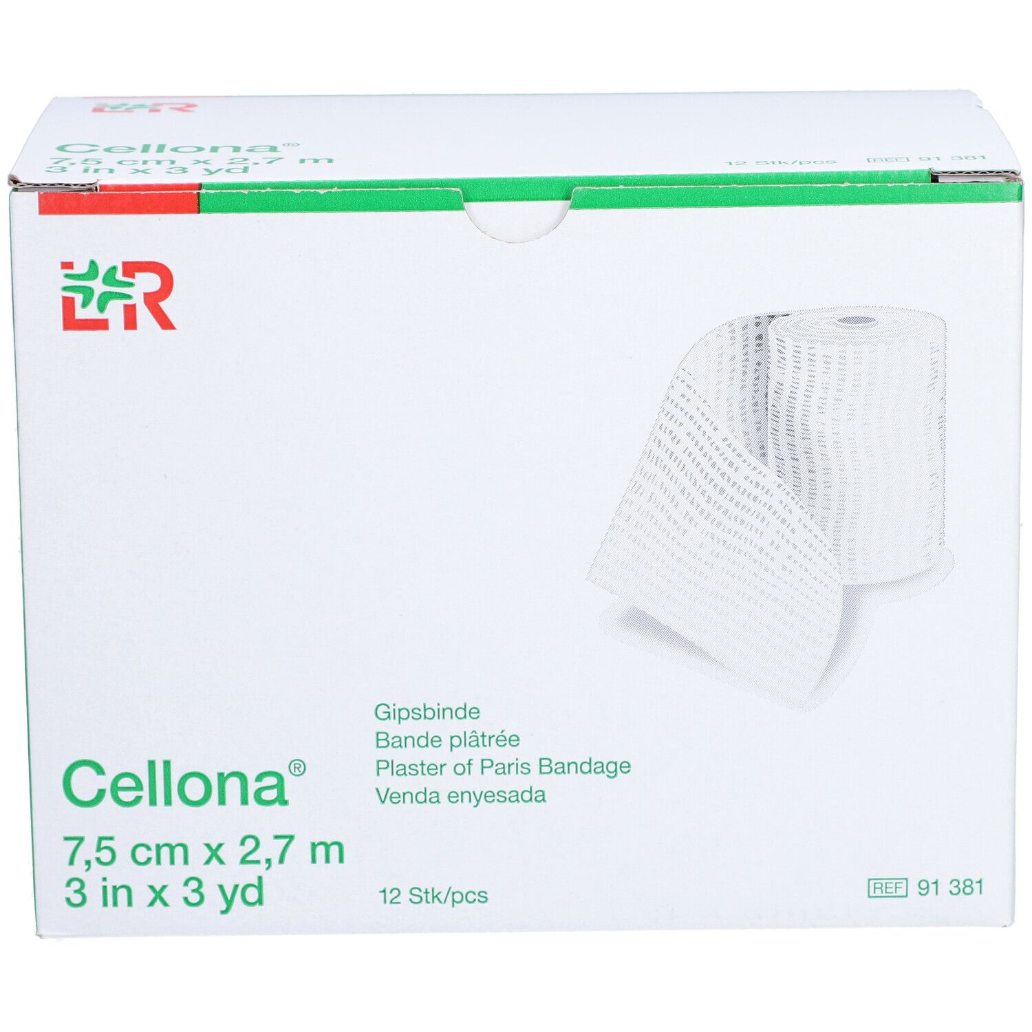 Karton mit Cellona® Gipsbinden. Aufdrucke: 7,5 cm x 2,7 m, 12 Stück. L&R Logo. Produktabbildung mit gerollter Binde.