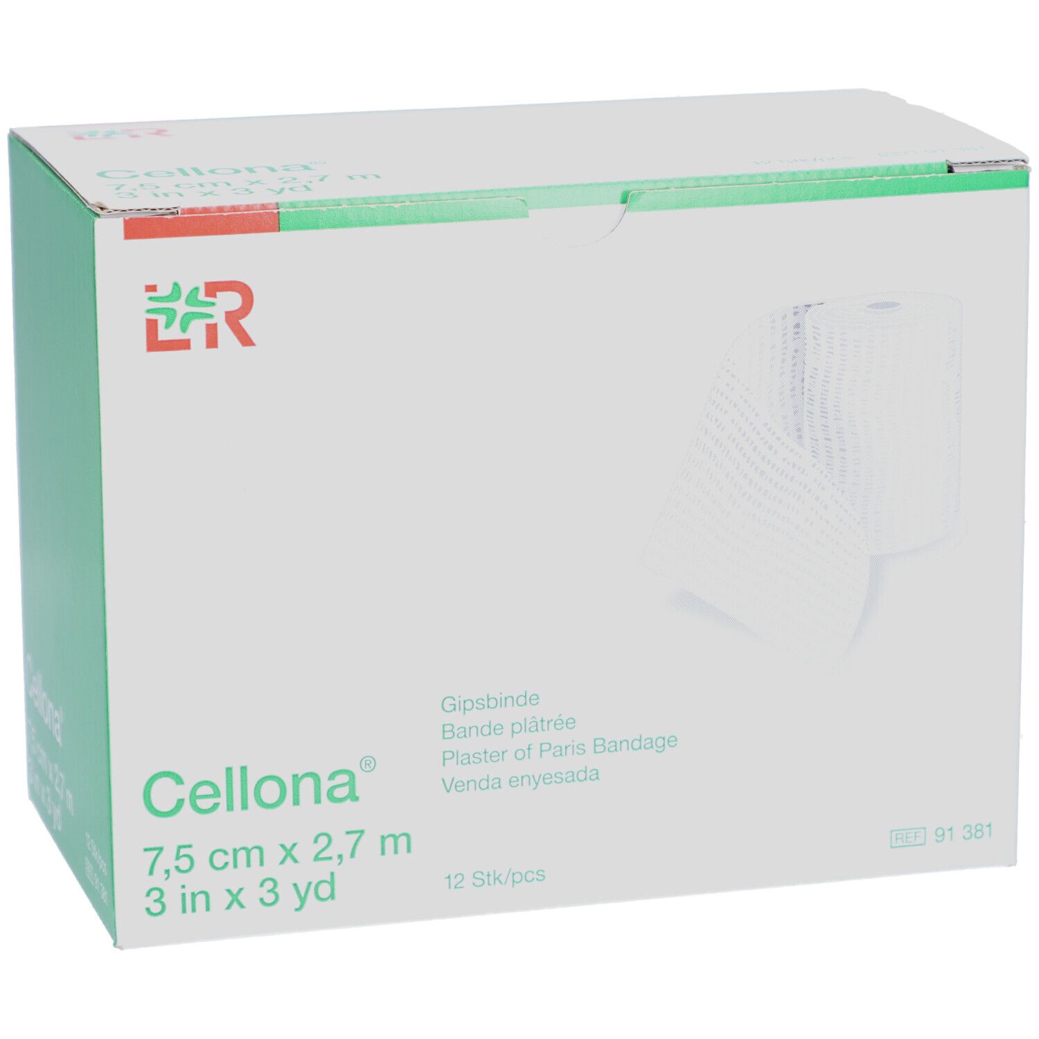 Karton mit Cellona® Gipsbinden. Aufdrucke: 7,5 cm x 2,7 m, 12 Stück. L&R Logo. Produktabbildung mit gerollter Binde.