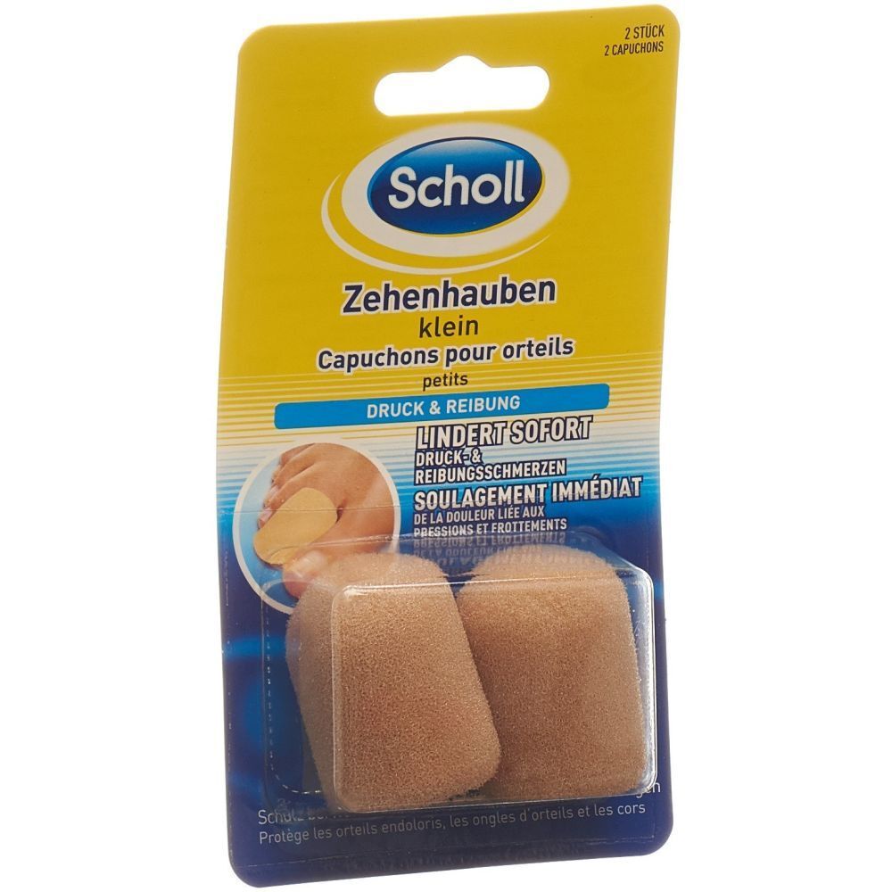 Scholl Zehenhauben klein. Zwei beige Schaumstoff-Zehenschutzkappen in Blisterverpackung. Gelbe und blaue Verpackung mit Produktnamen und Logo.