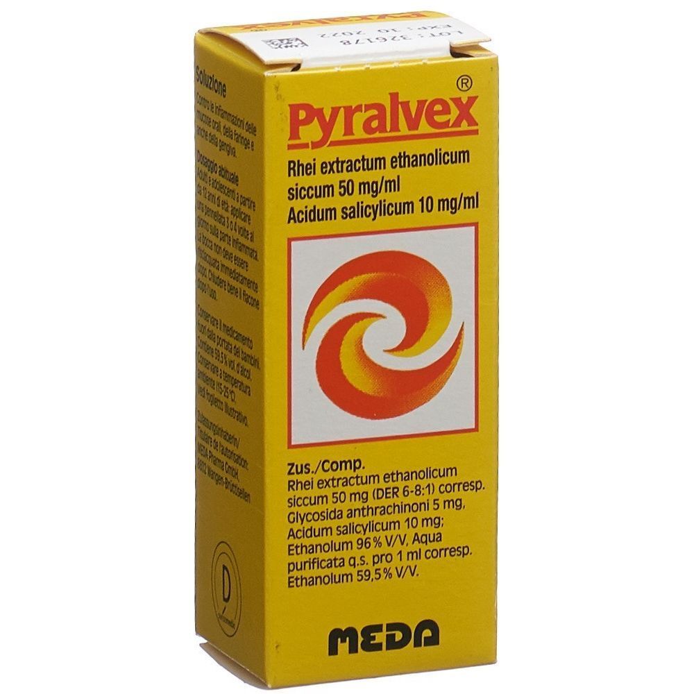 Gelbe Schachtel mit Produktnamen Pyralvex und Inhaltsangaben. Logo mit orangefarbenen Wirbeln.