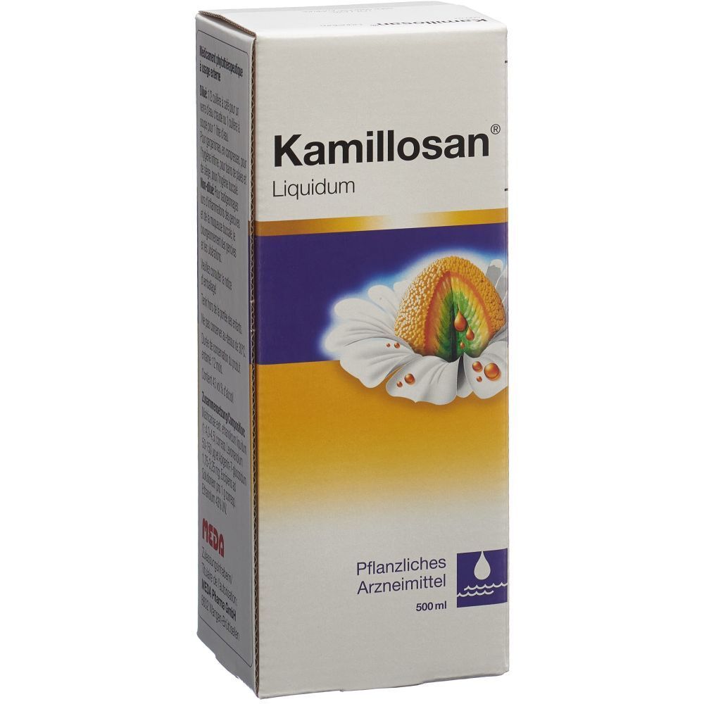 Karton KAMILLOSAN Liquidum. Logo, Produktname, Illustration einer Blüte. Pflanzliches Arzneimittel, 500 ml.